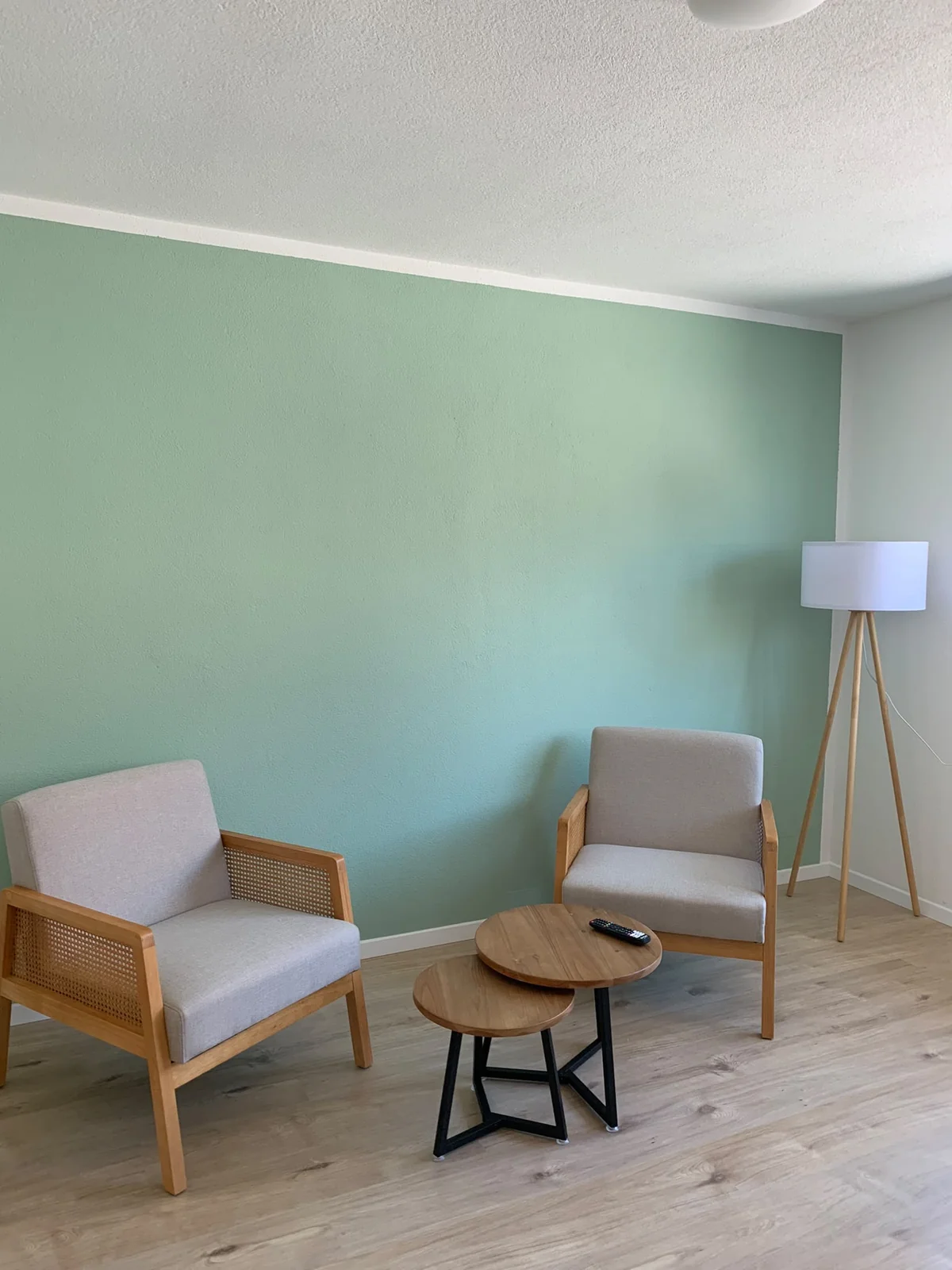 Two armchairs and side tables in front of a green wall